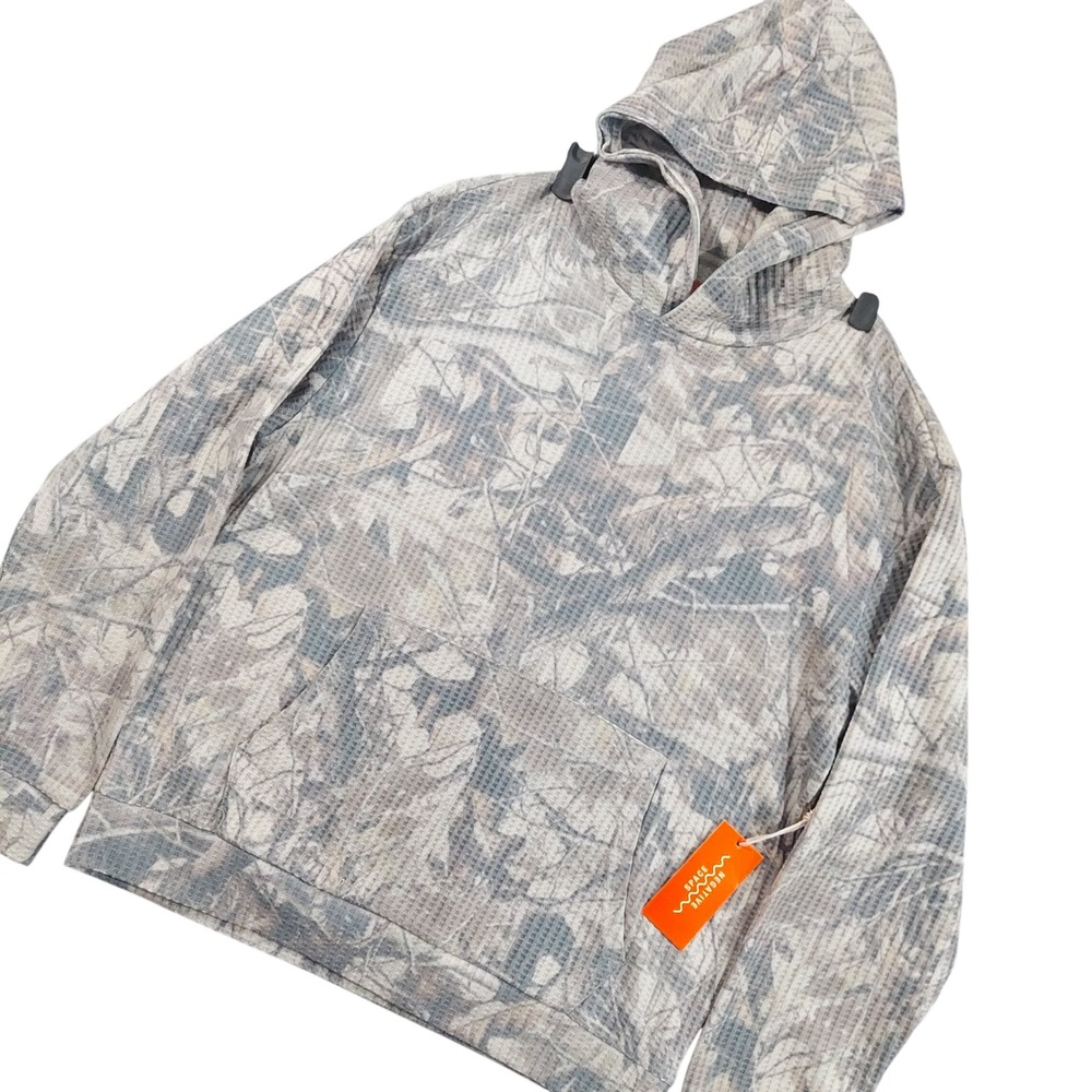 Negative Space Waffle Knit Hoodie Mens Medium Grey Camo Thermal Pullover 11802